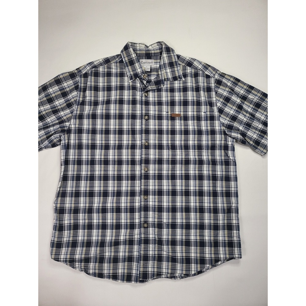 Carhartt Mens Short Sleeve Plaid Button Down Shirt Navy Blue‎ Yellow Large L